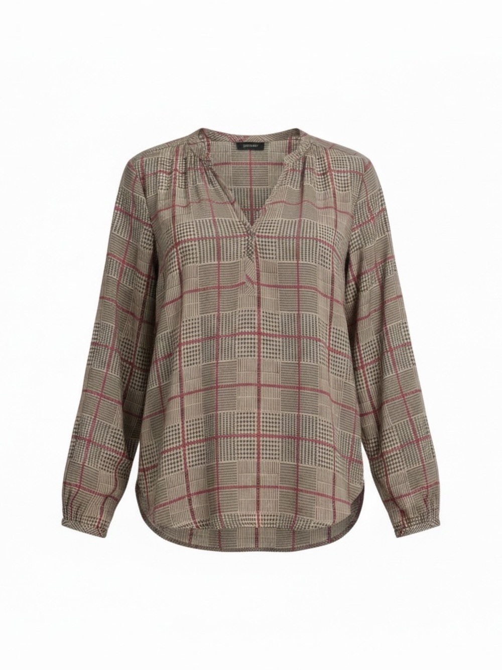 Pleione Plaid Blouse Women’s Medium | Tan Black Red Check Top Long Sleeve